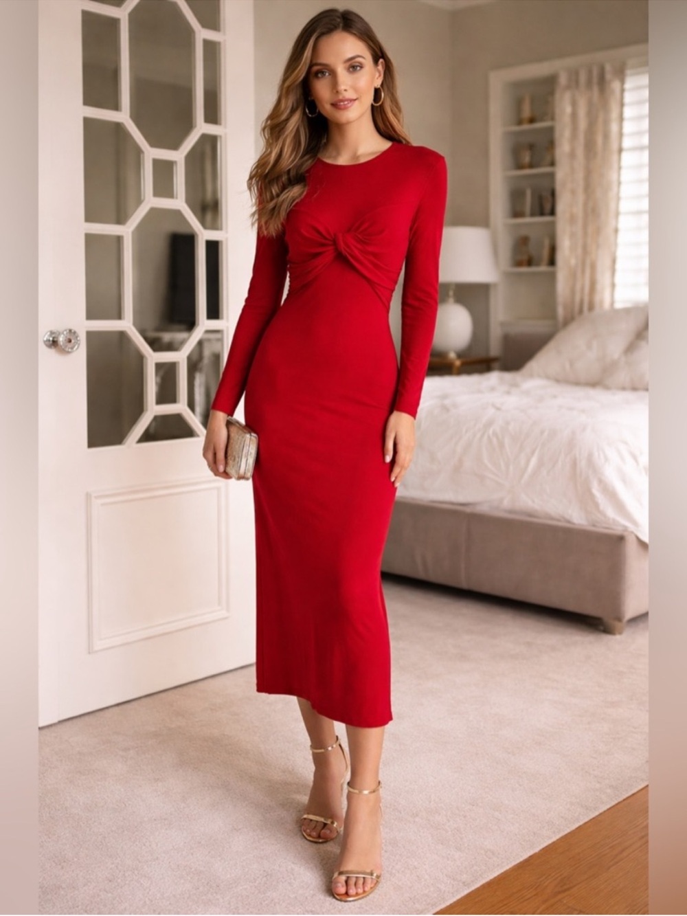 Farm Rio Red Knot Front Midi Dress Long Sleeve Body Con Jersey Size M MSRP $248